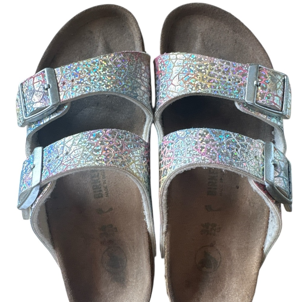Birkenstock Silver Sandals with Adjustable Buckles and Contoured Footbed